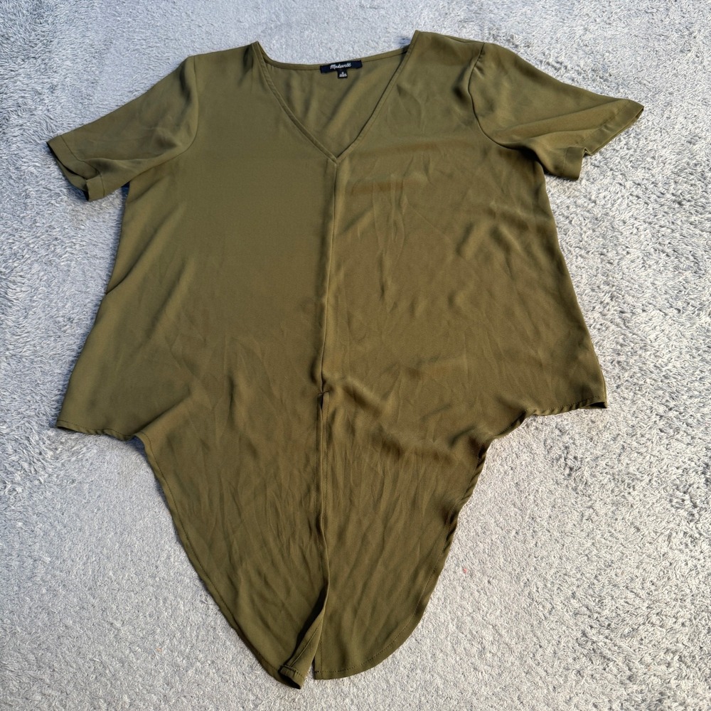 Madewell Womens V Neck Tulip Hem Blouse Size M Olive Green Short Sleeve Crepe